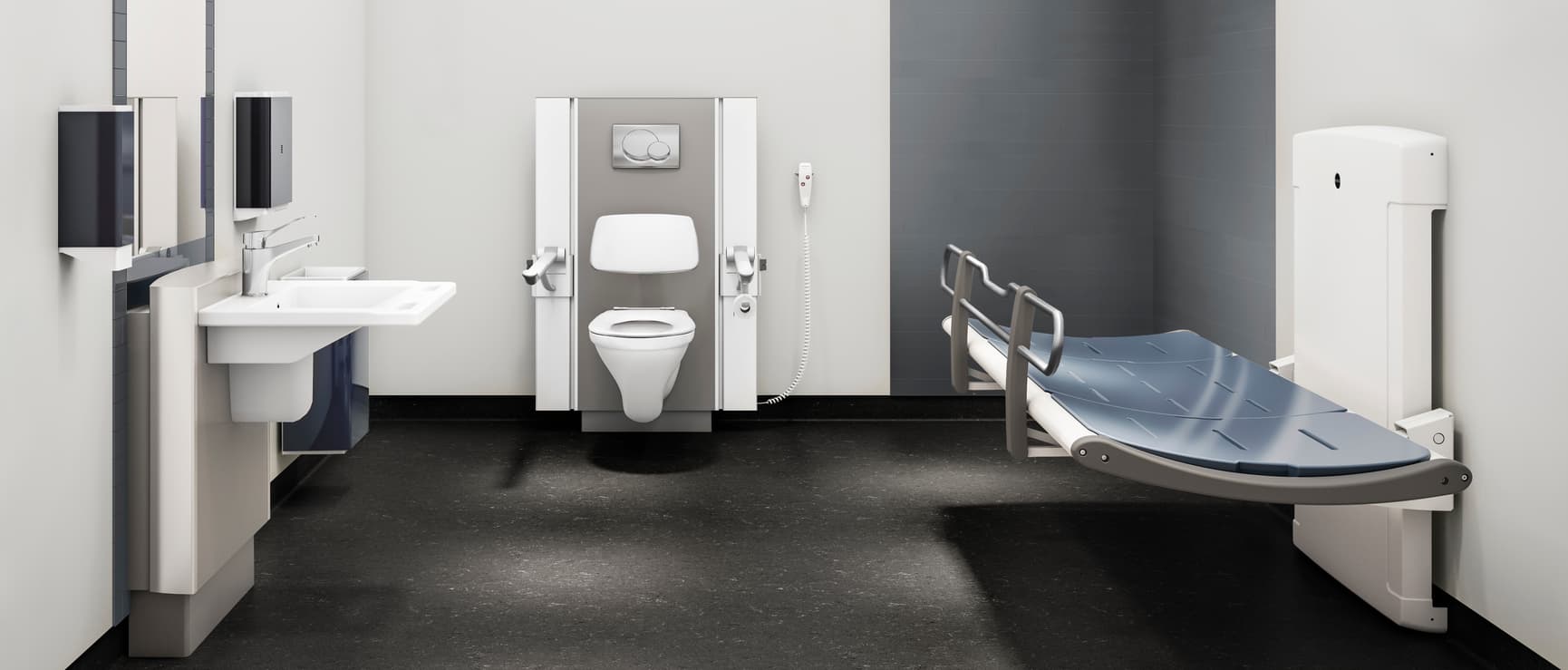 Pressalit SCT 3000 bruse- og skifteleje i tilgængeligt badeværelse