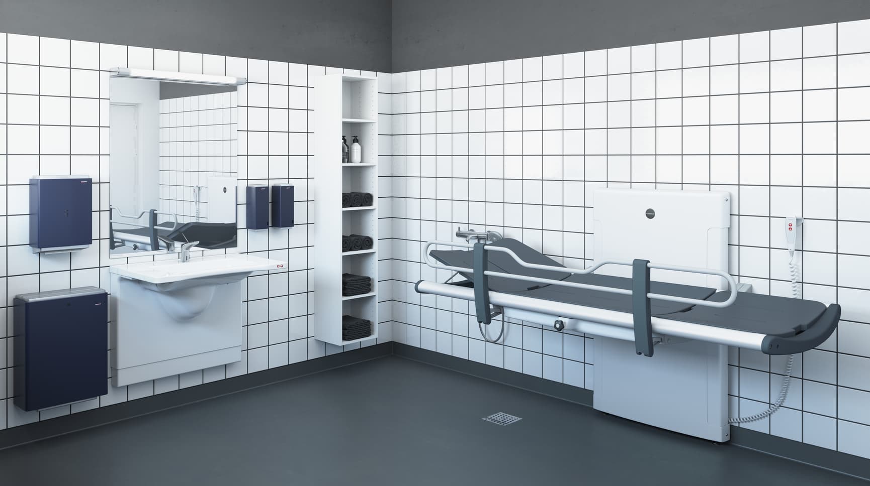 Pressalit SCT 3000 bruse- og skifteleje i tilgængeligt badeværelse